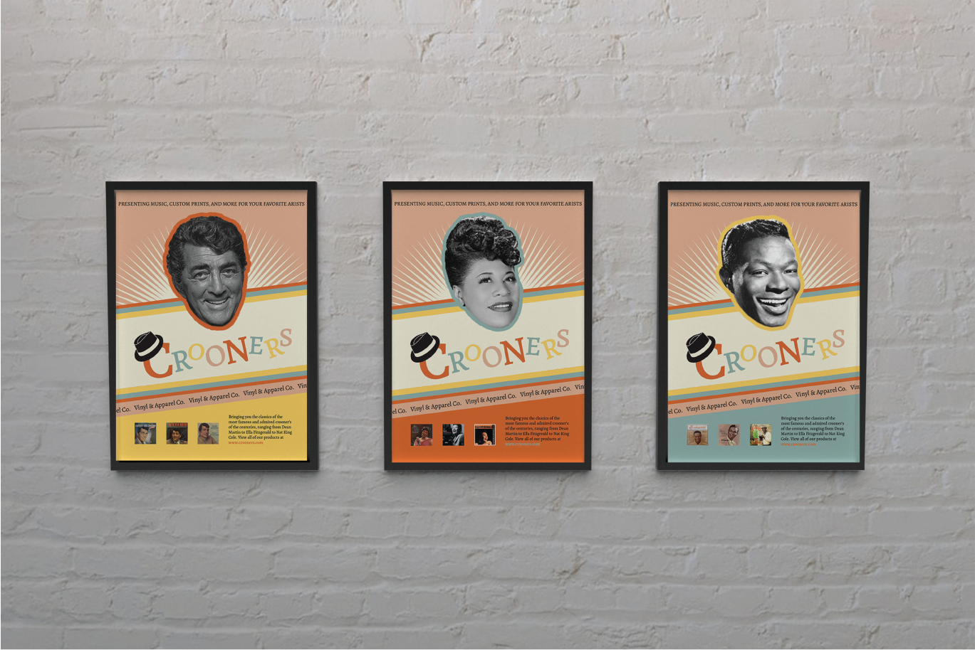 Mockup of posters in black frames hung up on a white brick wall.