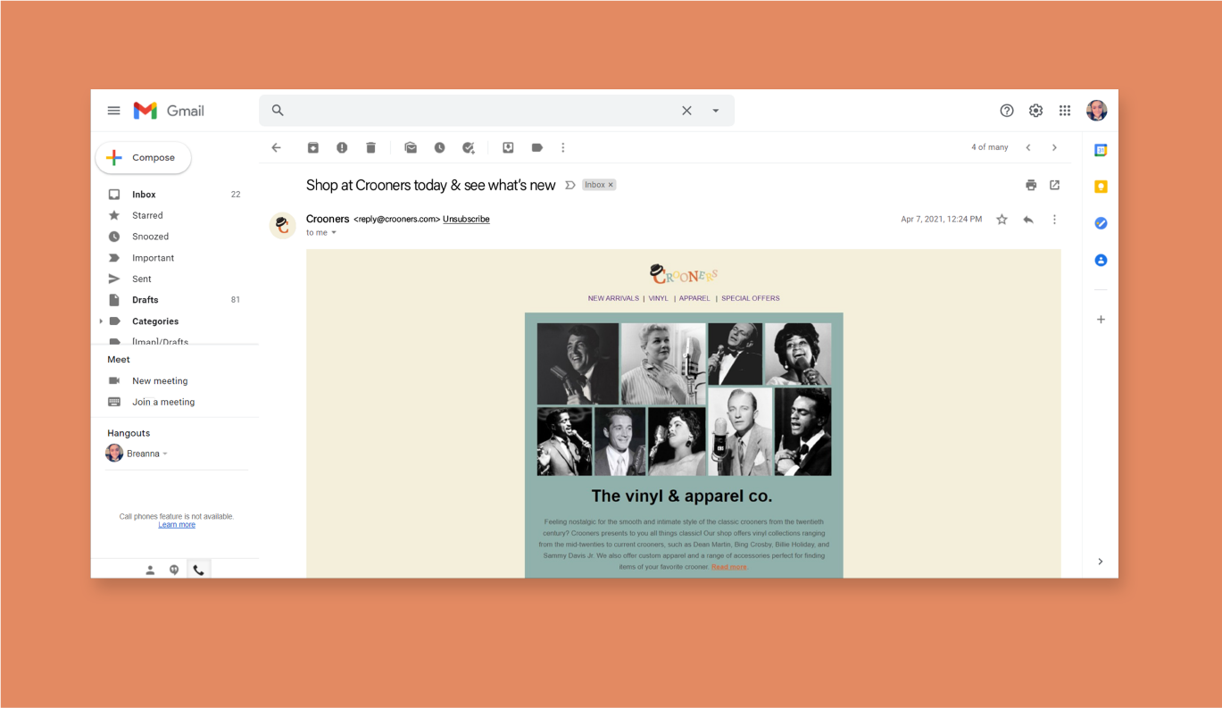Mockup, a sample of Crooner's email opened in Gmail.
