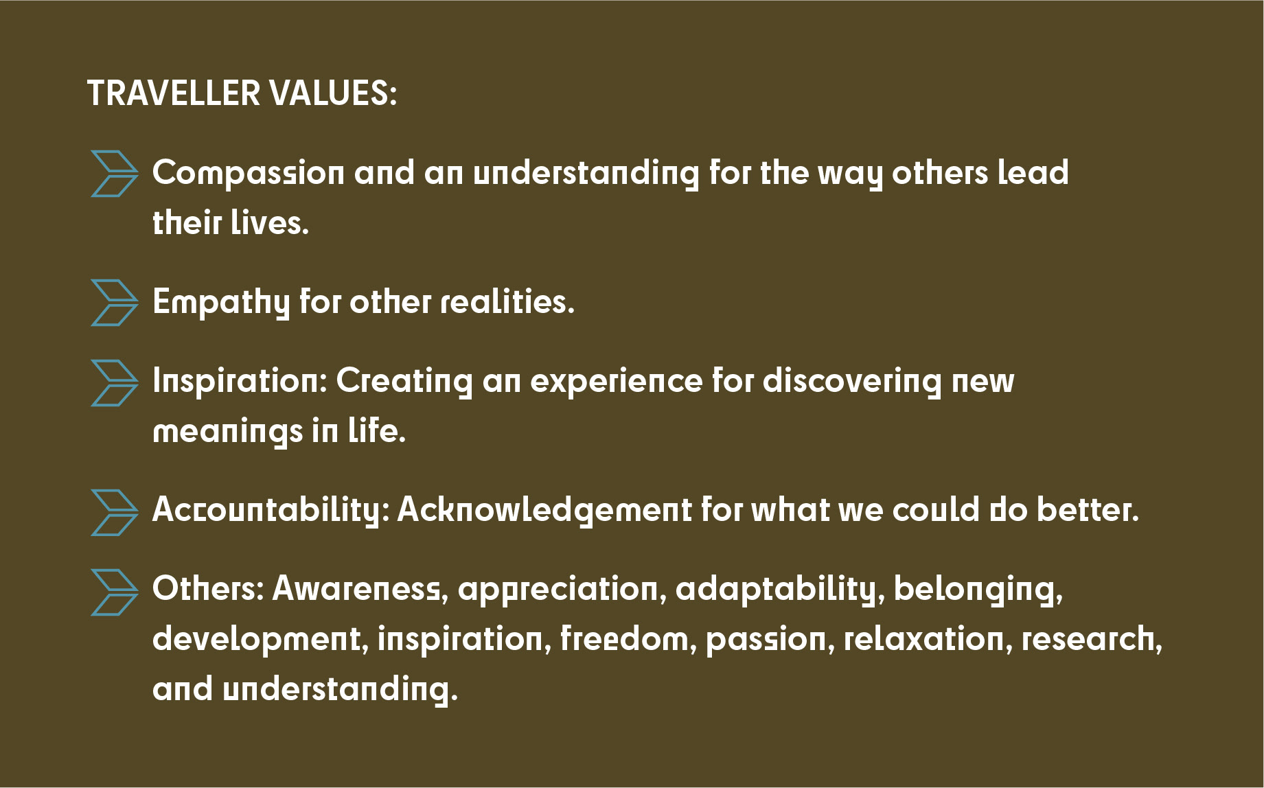 A list of traveler values