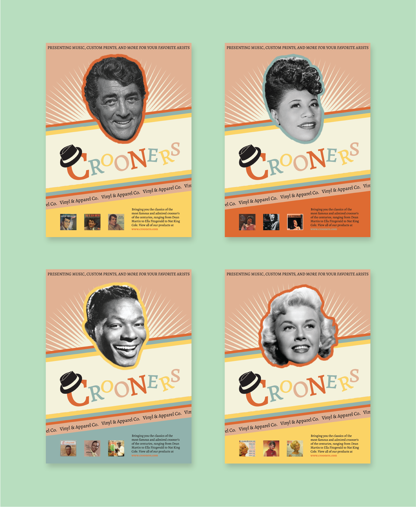 4 Posters, each with a famous crooner's head above the logo, and three featured records at the bottom.