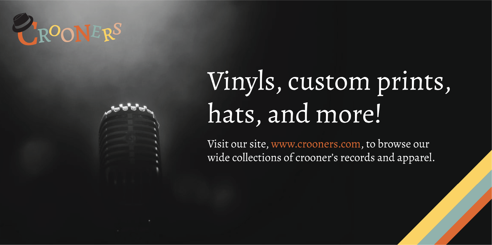 Social banner, background is a microphone in the mist, logo in top left corner, and type advertising records and apparel.