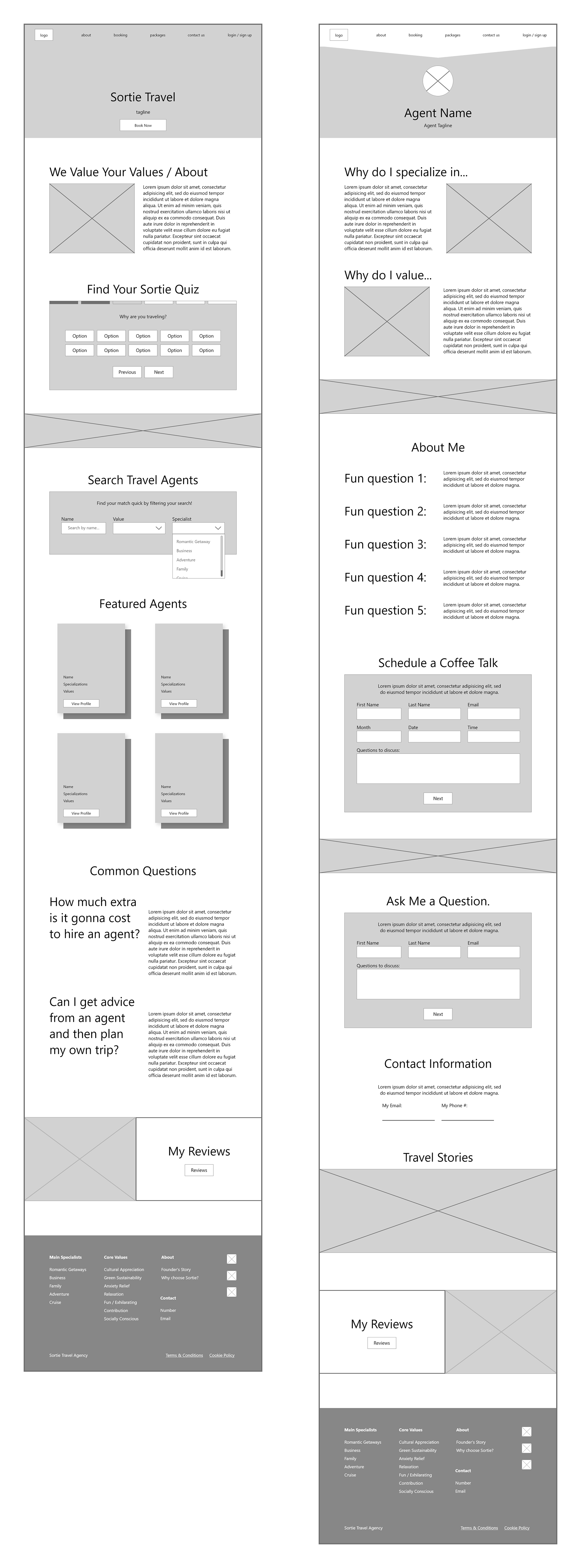 Wireframes for the homepage and agent pages.