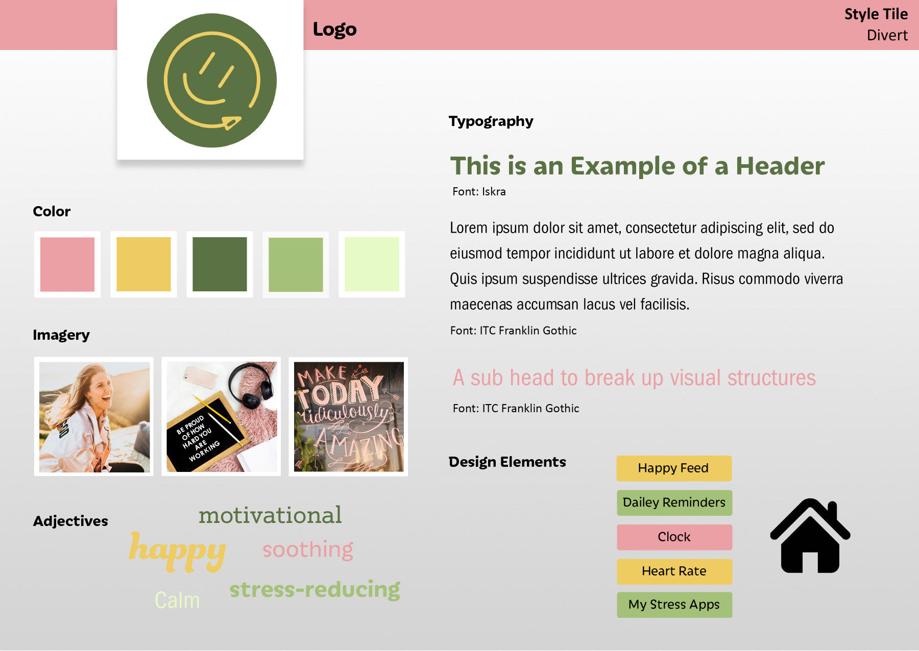 Style tile featuring the logo, which is a tilted smiley face and an arrow turning it, the color palette, typography, and design elements.