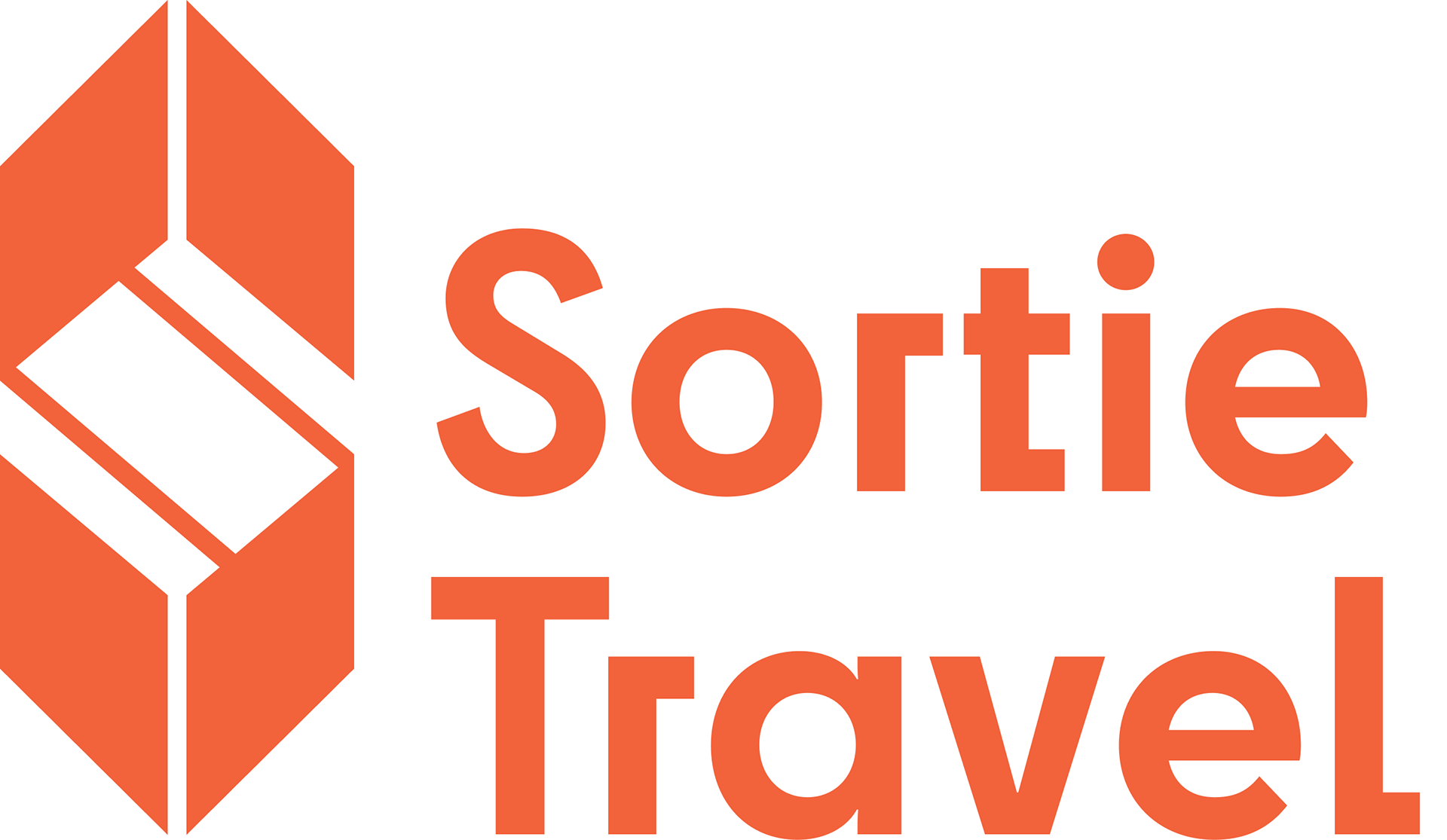 Sortie's logo, orange, an S icon with two arrows similar to an opened map or compass, a san-serif font styled with boxed edges.