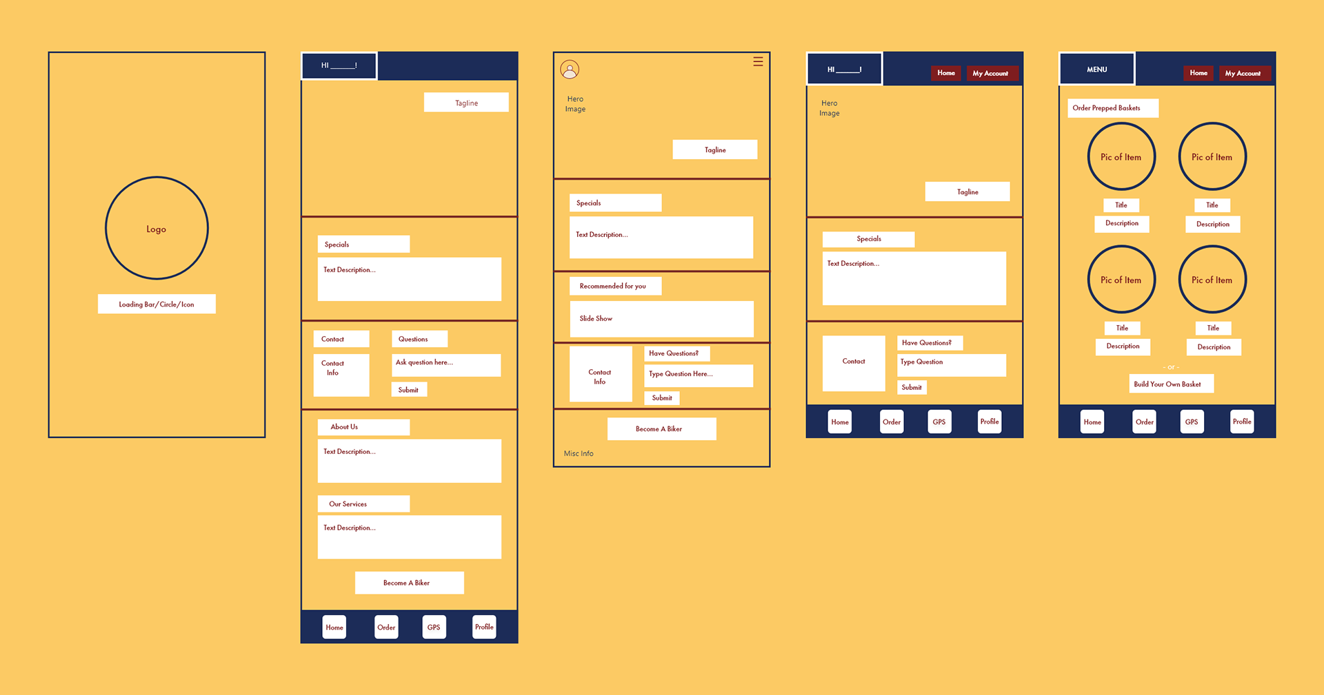 Wireframing for the loading page, home, and menu.