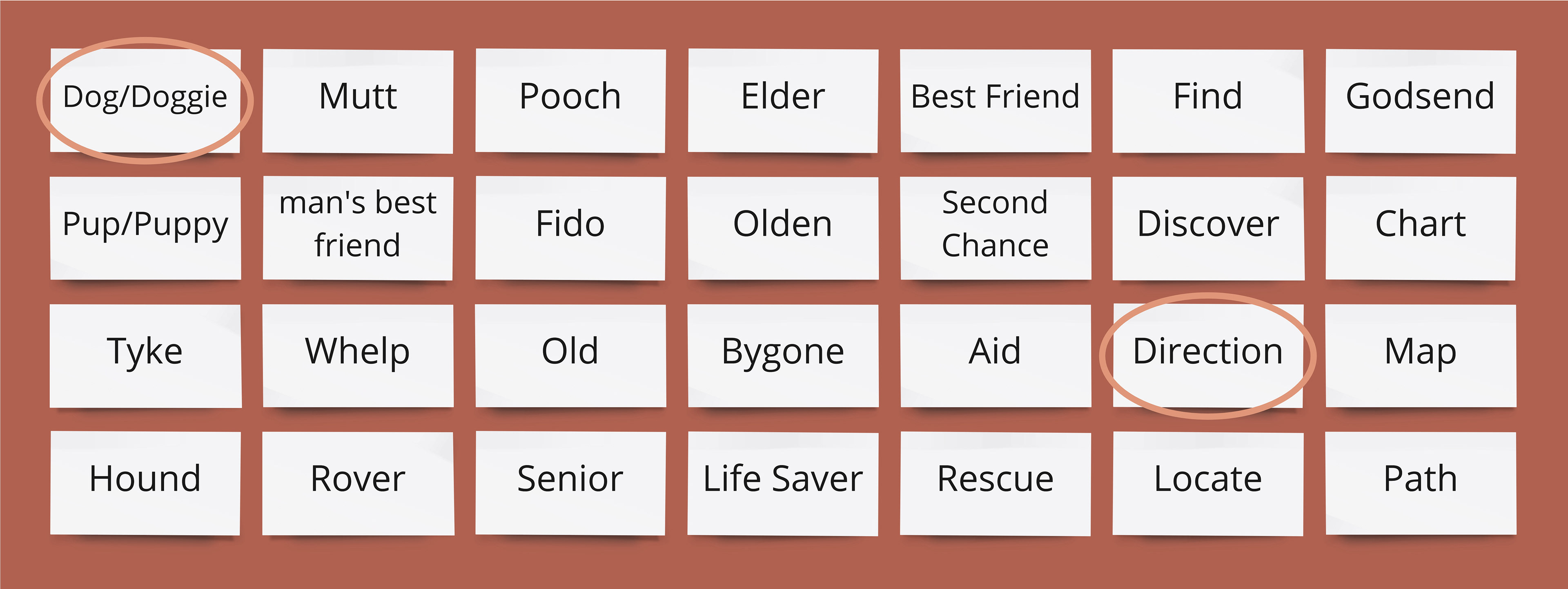 Cards laid out with possible names, with circles on chosen names doggie and direction.
