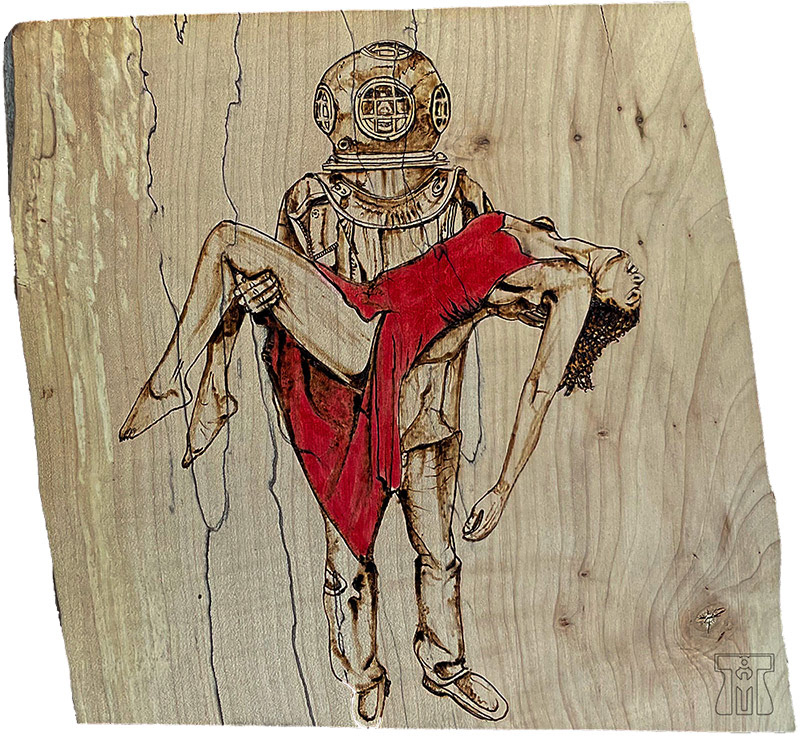 Saving Sandra - pyography and ink on maple