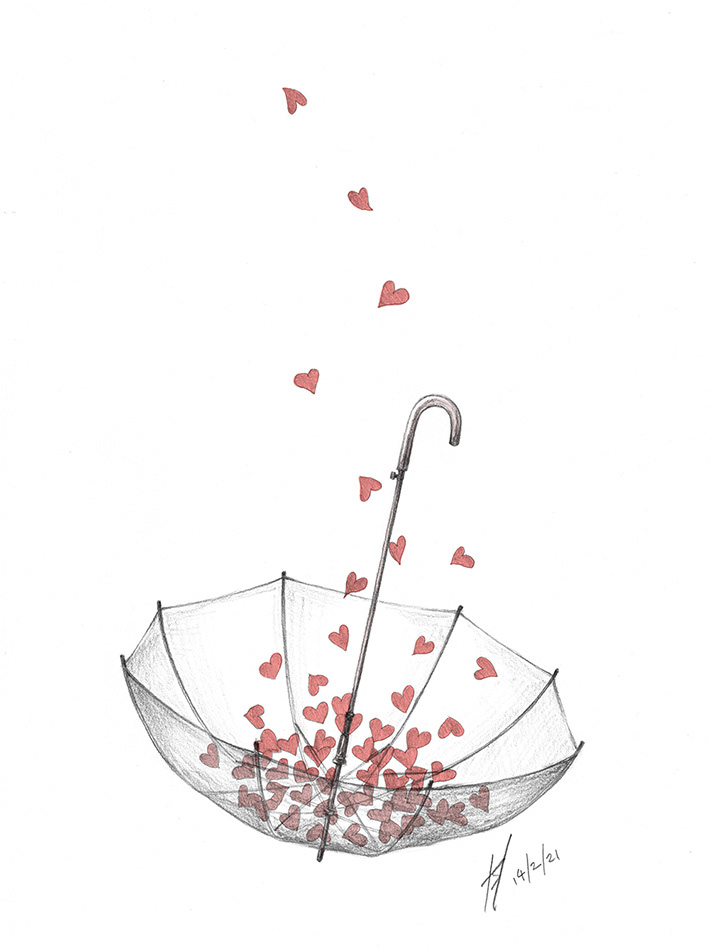 pink hearts floating down into an upside down open umbrella