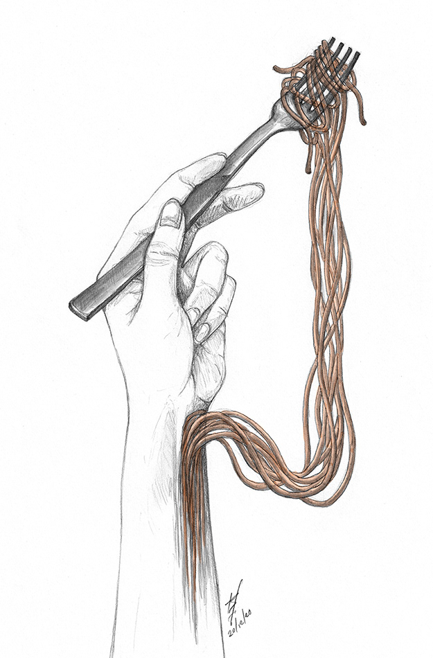 fork lifting spaghetti out from veins