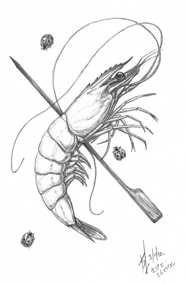 prawn impaled by skewer ladybirds around