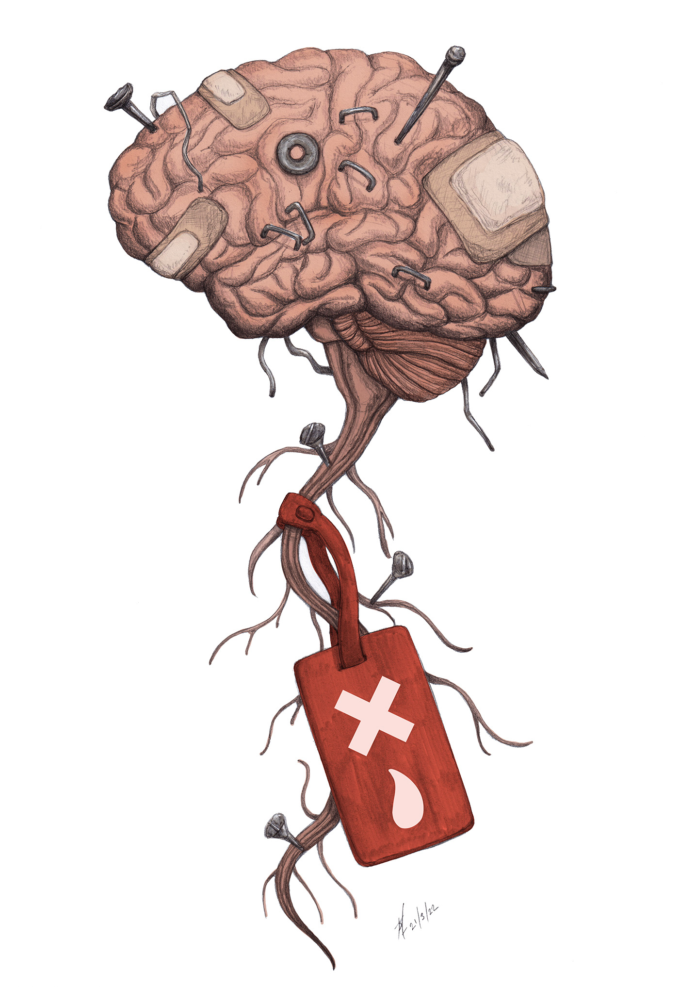 brain with nails and plasters attached