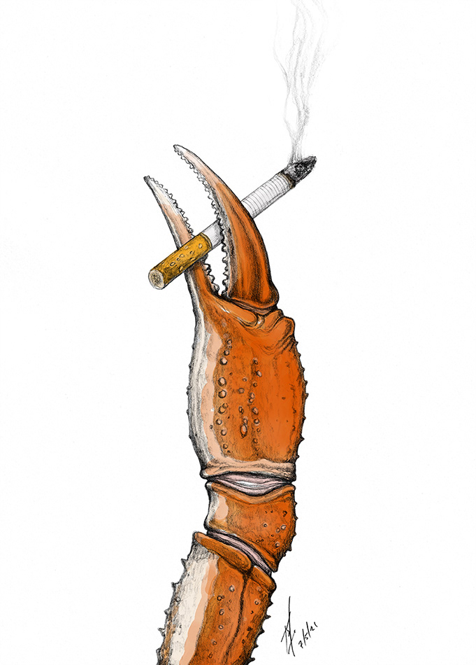 crab claw holding a cigarette