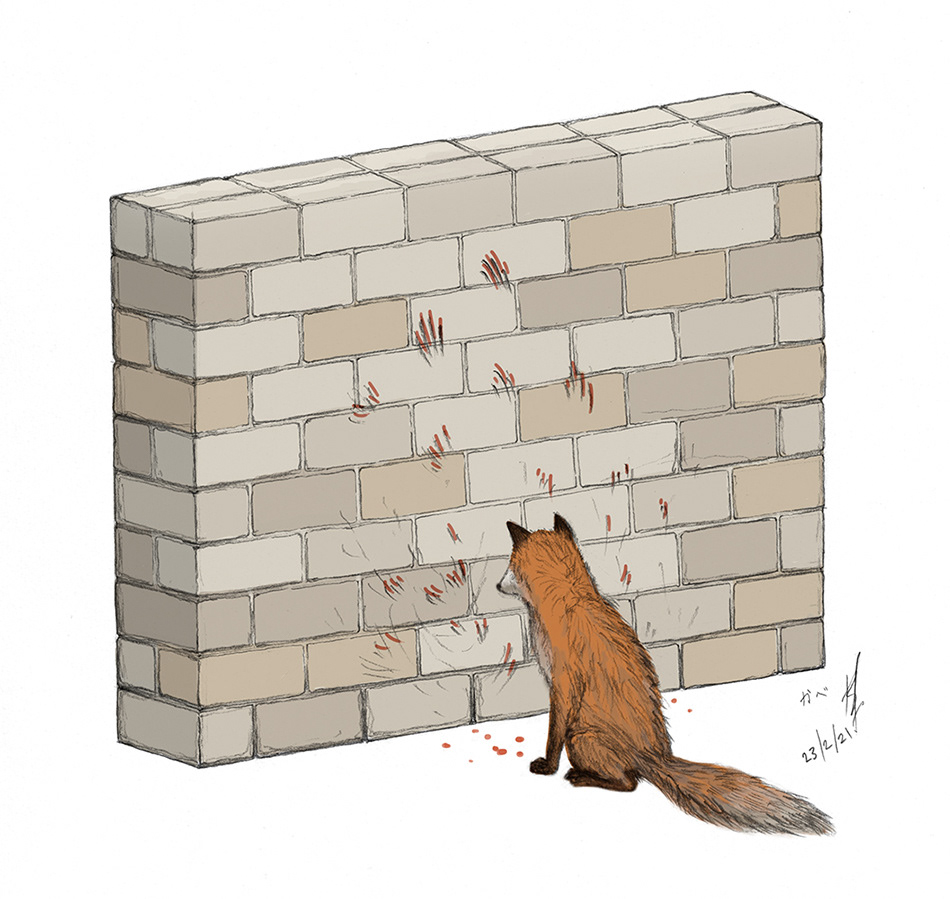 fox sitting in front of a heavily scratched brick wall
