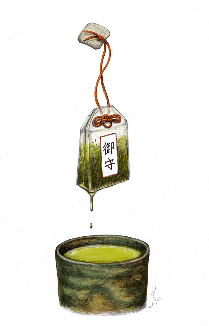 green omamori tea bag dripping tea into a cup