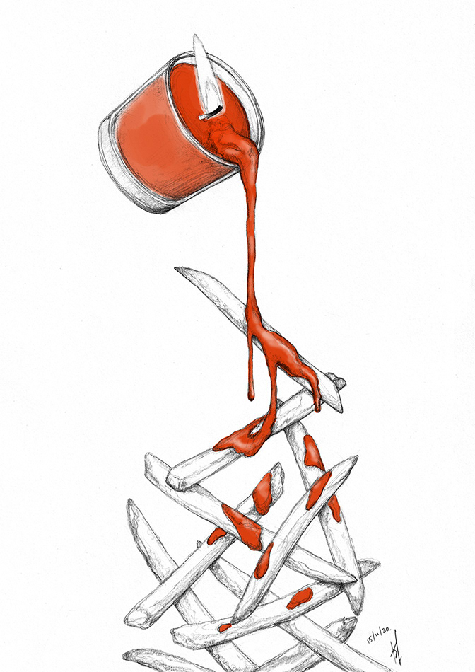 red candle wax dripping over french fries