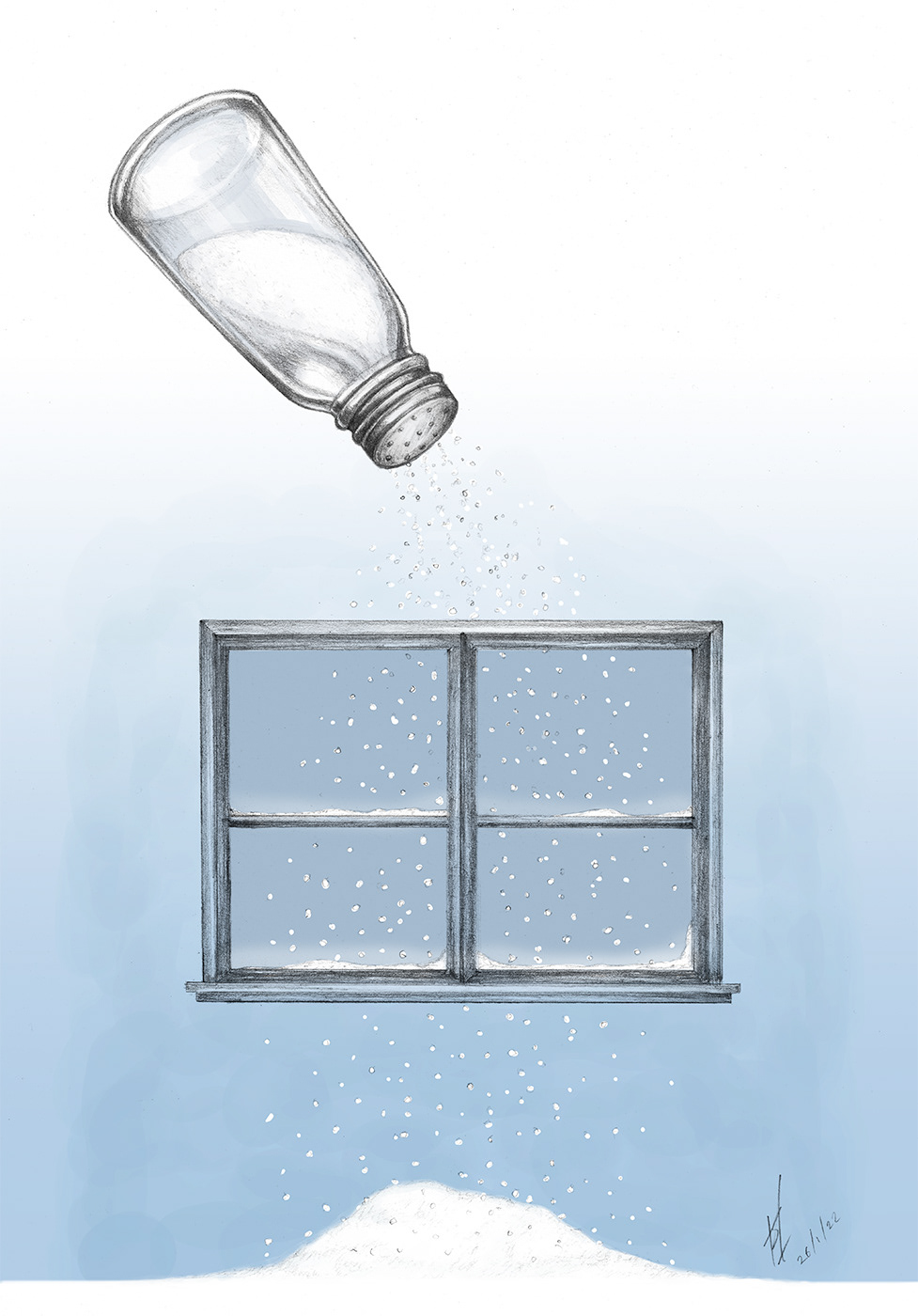 shaking salt snow over a window