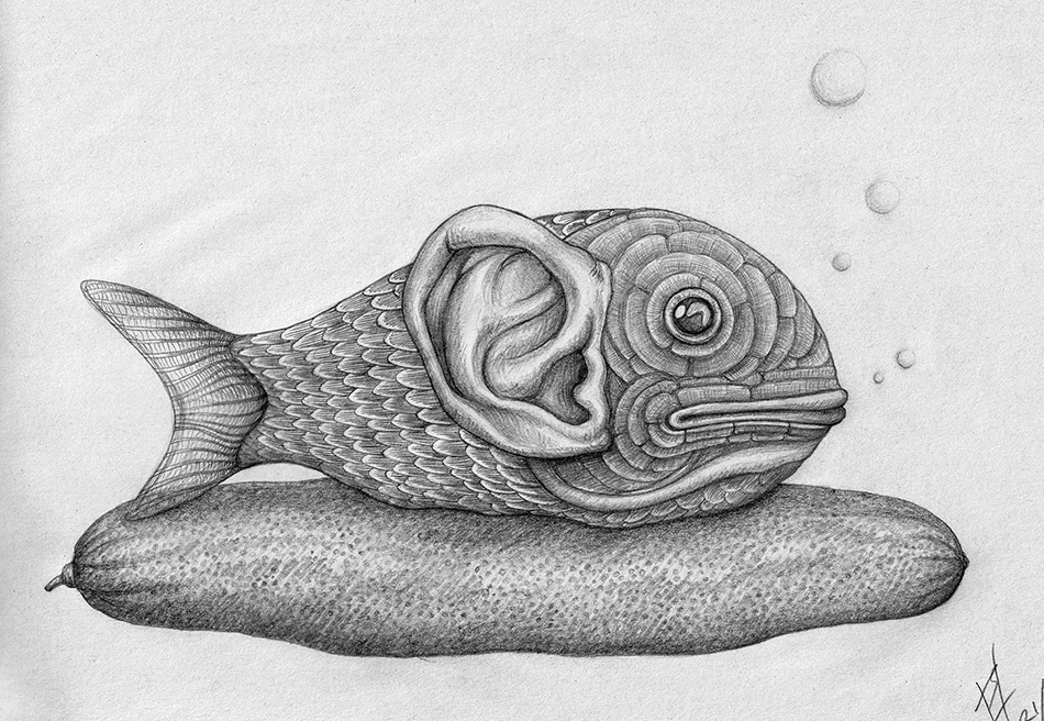 fish with human ear lying on an elongated mikan