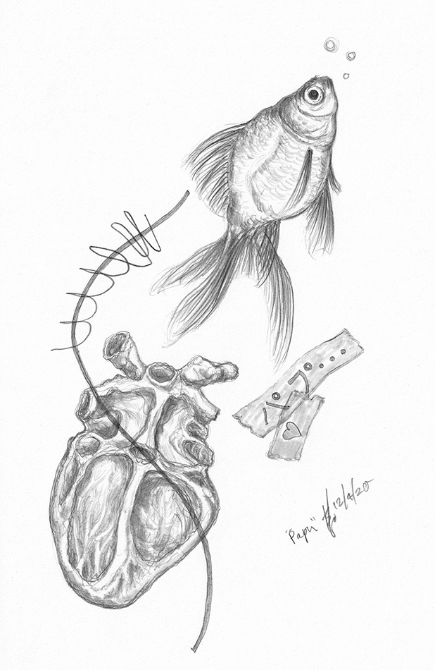 gold fish swimming away from heart