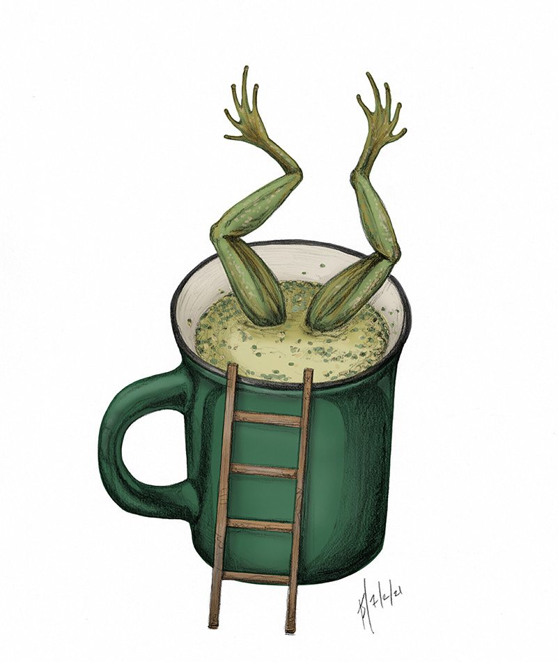 mug of broccoli soup with frog legs sticking out