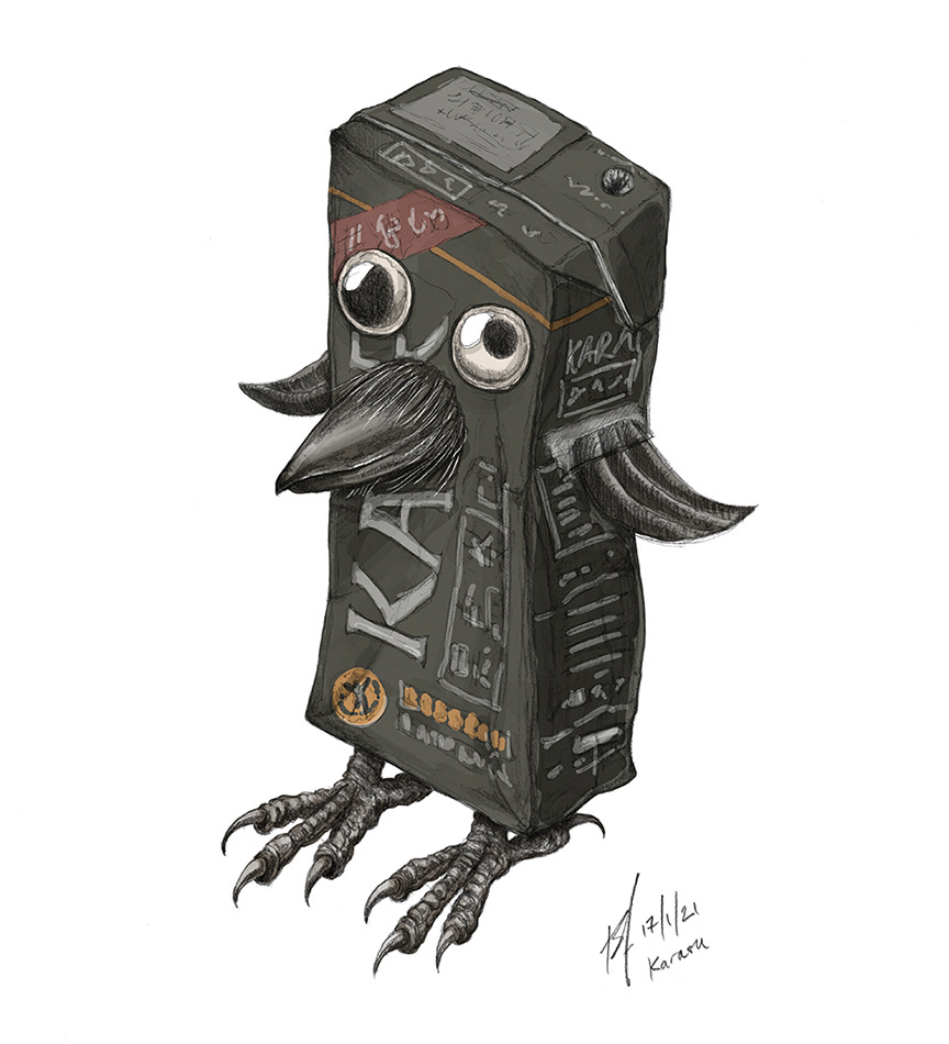 black drink carton with bird features stuck around it