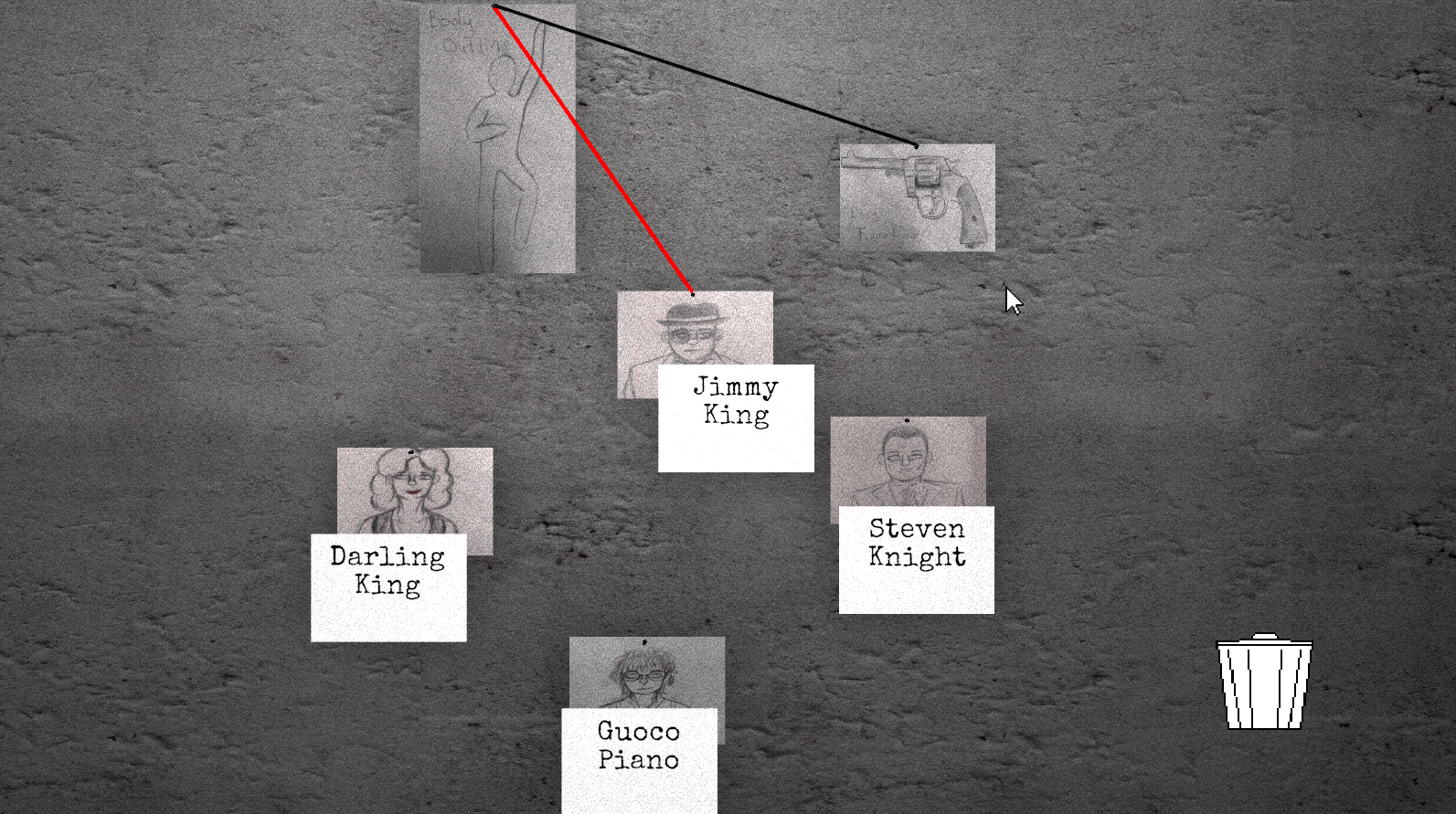 Screenshot of the game's evidence board, featuring a "good" and "bad" connection.