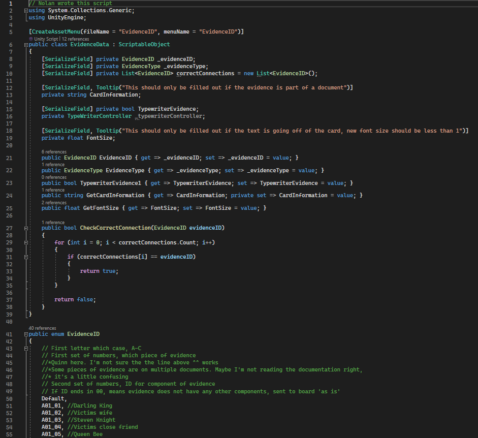 Screenshot of code from the game, specifically highlighting comments made by the producer "Some pieces of evidence are on multiple documents. Maybe I'm not reading the documentation right, it's a little confusing."