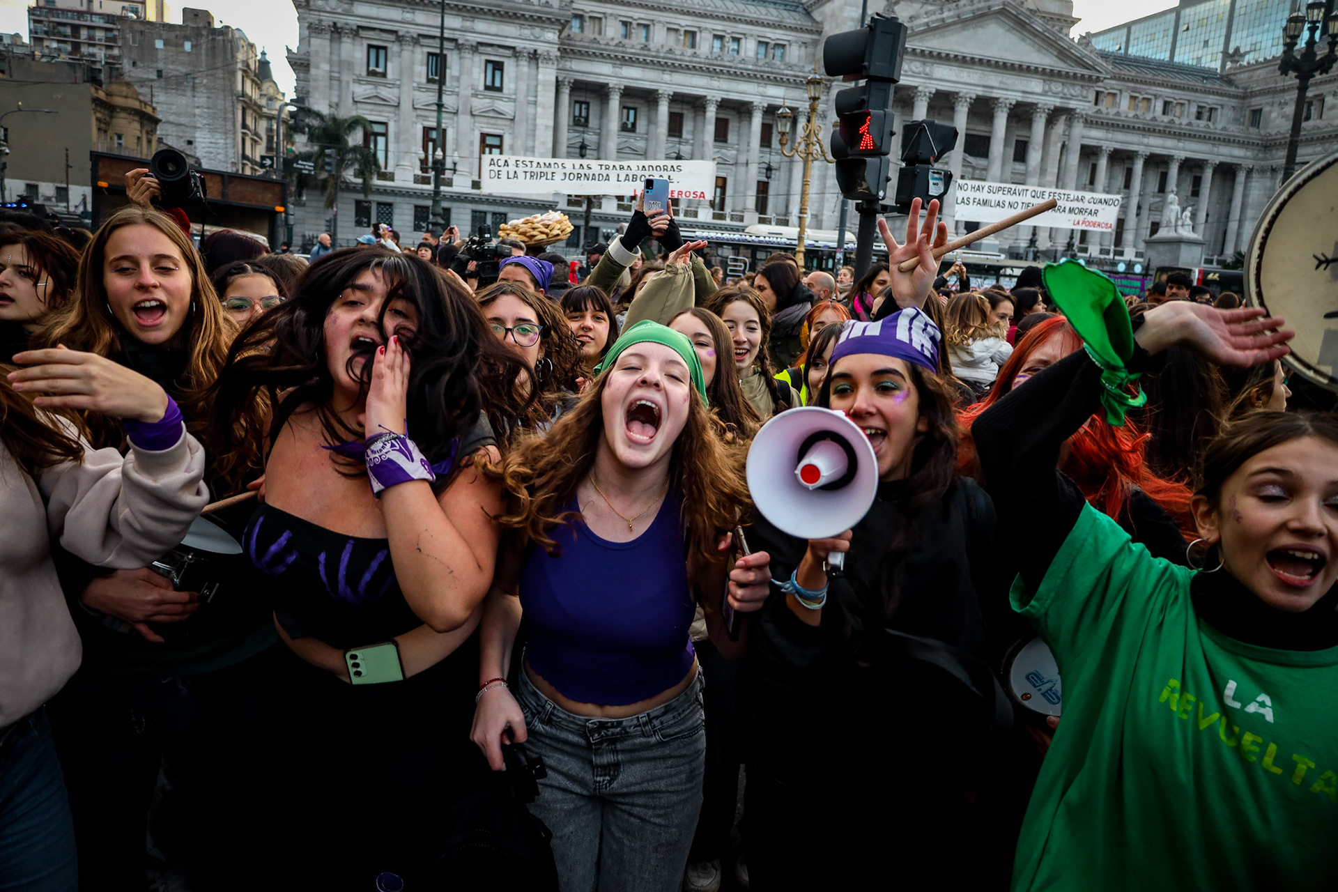 Demonstrators take part in a feminist protest marking the Not One (women) Less movement outside the National Congress | Buenos Aires, 2024.