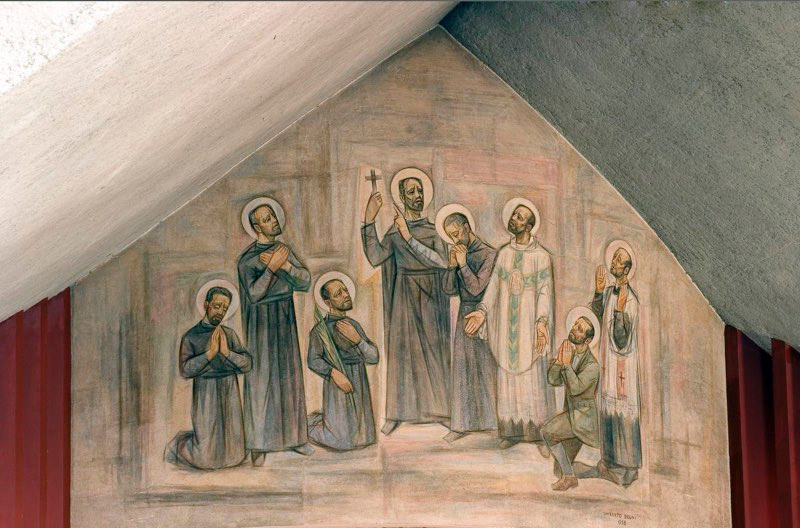 Peinture représentant les saints Martyrs canadiens, signée Umberto Bruni et datée 1958 (Église des Saints-Martyrs-Canadiens, Montréal)