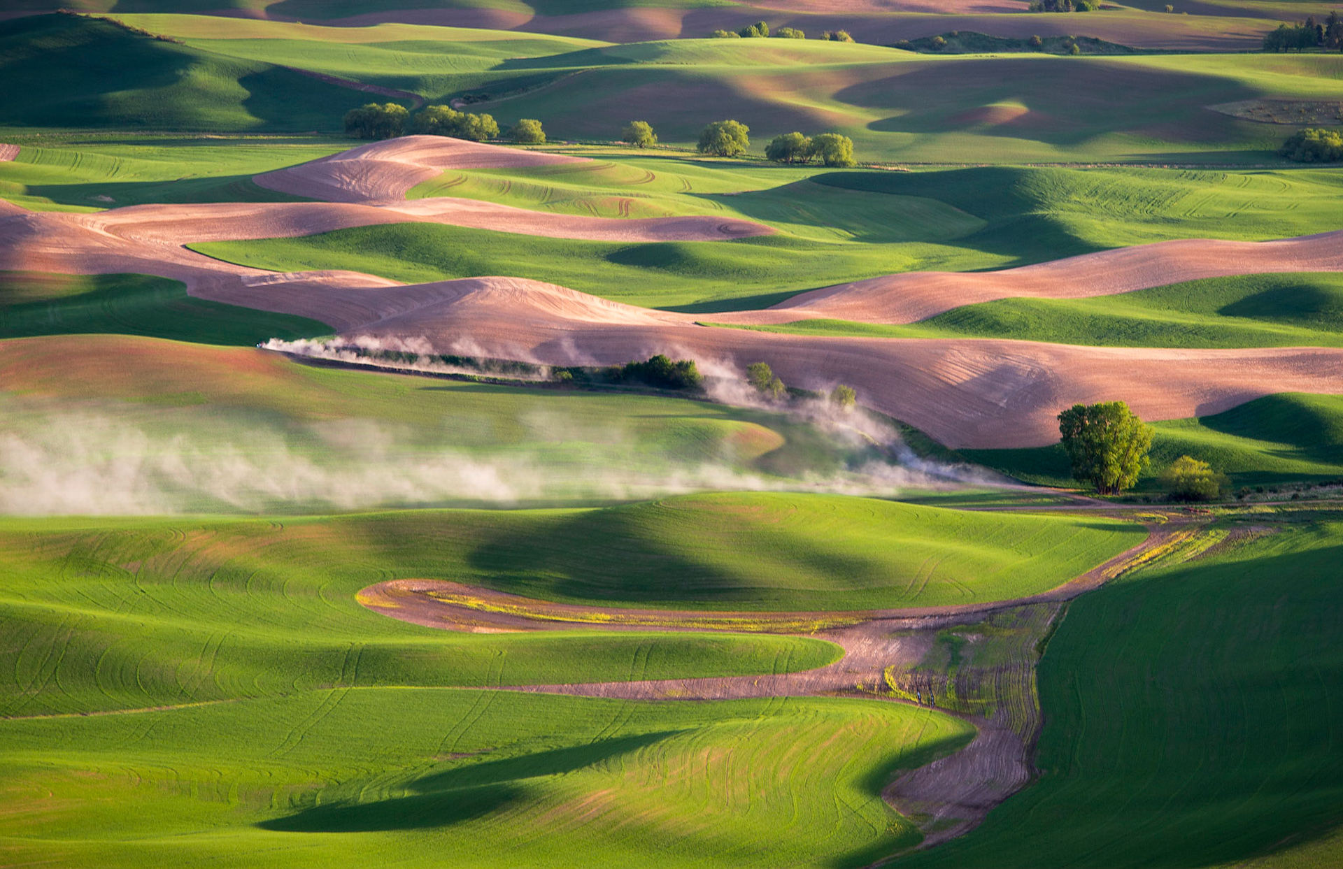 One more from last spring at Steptoe Butte/Palouse region of Washington State. Thought the dust trail added a fun element juxtaposed with some pretty awesome rolling hills/lights &amp; shadows.    I'm off  to the Southwest (Moab, Canyonlands, Monument Valley, Page, Sedona, etc. for a few days (my first visit,... so I'm hopeful I can do it justice and come back with at least a few decent shots to share)!     As always, many thanks for viewing, voting and/or any constructive comments!