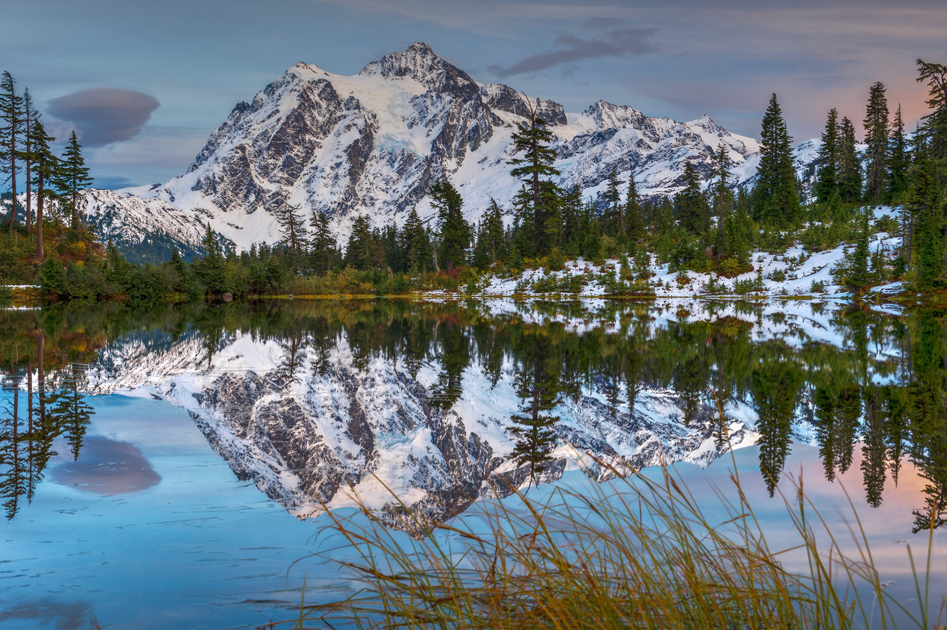 Picture Lake reflection of Mount Shuksan at sunset.