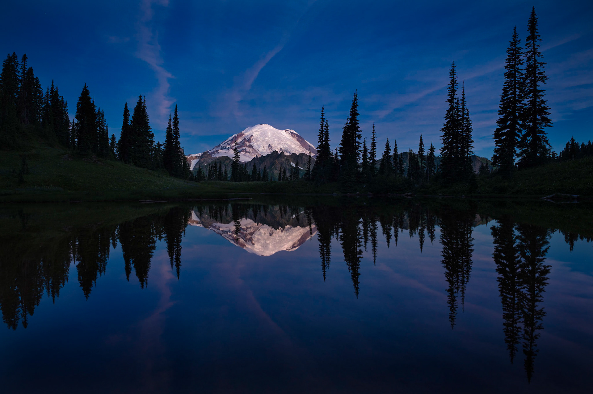 Found this image during a recent trip through the archives.  One in a series of twilight/sunrise images that I made a couple of summers back and just never got around to processing. This is a blue hour version of Mount Rainier  reflecting into lower Lake Tipsoo (taken just a few minutes prior to sunrise).       Thank you for viewing, voting and/or any constructive comments!