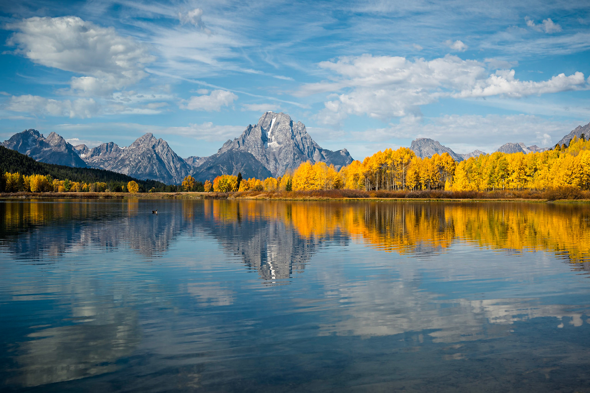Another image from our roadtrip to the Grand Tetons/Yellowstone last month. This reflection shot was taken from the water level, as you can see we got some pretty nice clouds and full autumn colors...hope you like it!     Thank you for viewing, voting and/or any consrtuctive comments!