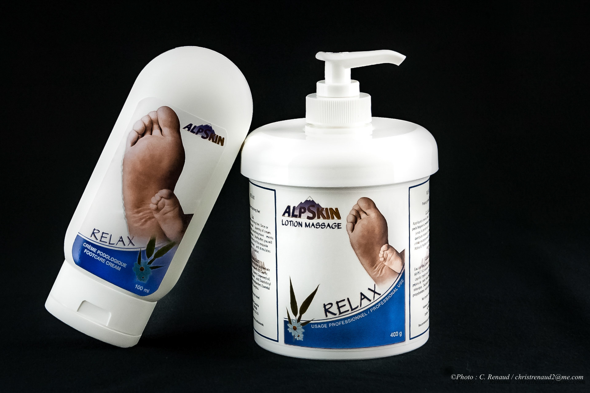 Produit Alpskin, soins des pieds,fond noir