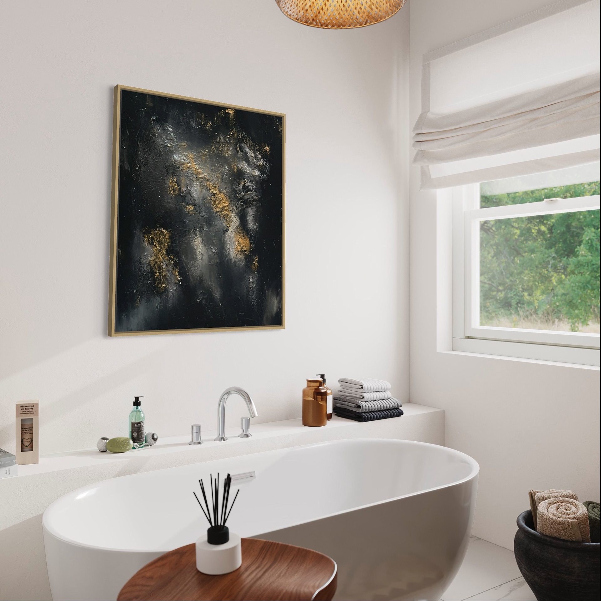 Abstraktes Gemälde „Universe“ in Schwarz und Gold, moderne abstrakte Kunst von Carolin Vogelmann als stilvolles Interior Artwork