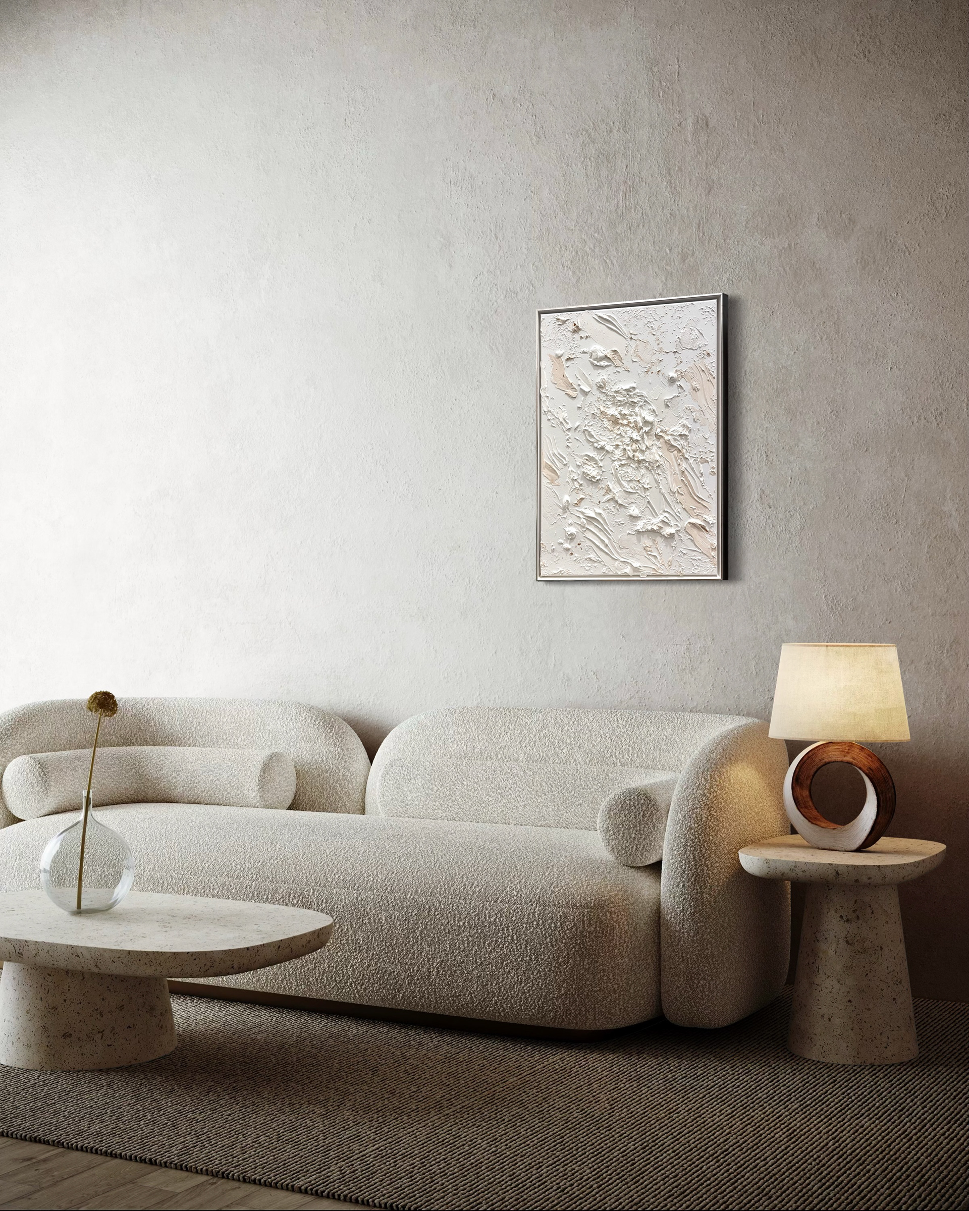 Abstraktes Gemälde „Powerful“ mit creme farbigen Details, tiefen Strukturen und starker Ausstrahlung im Interior, moderne Kunst von Carolin Vogelmann