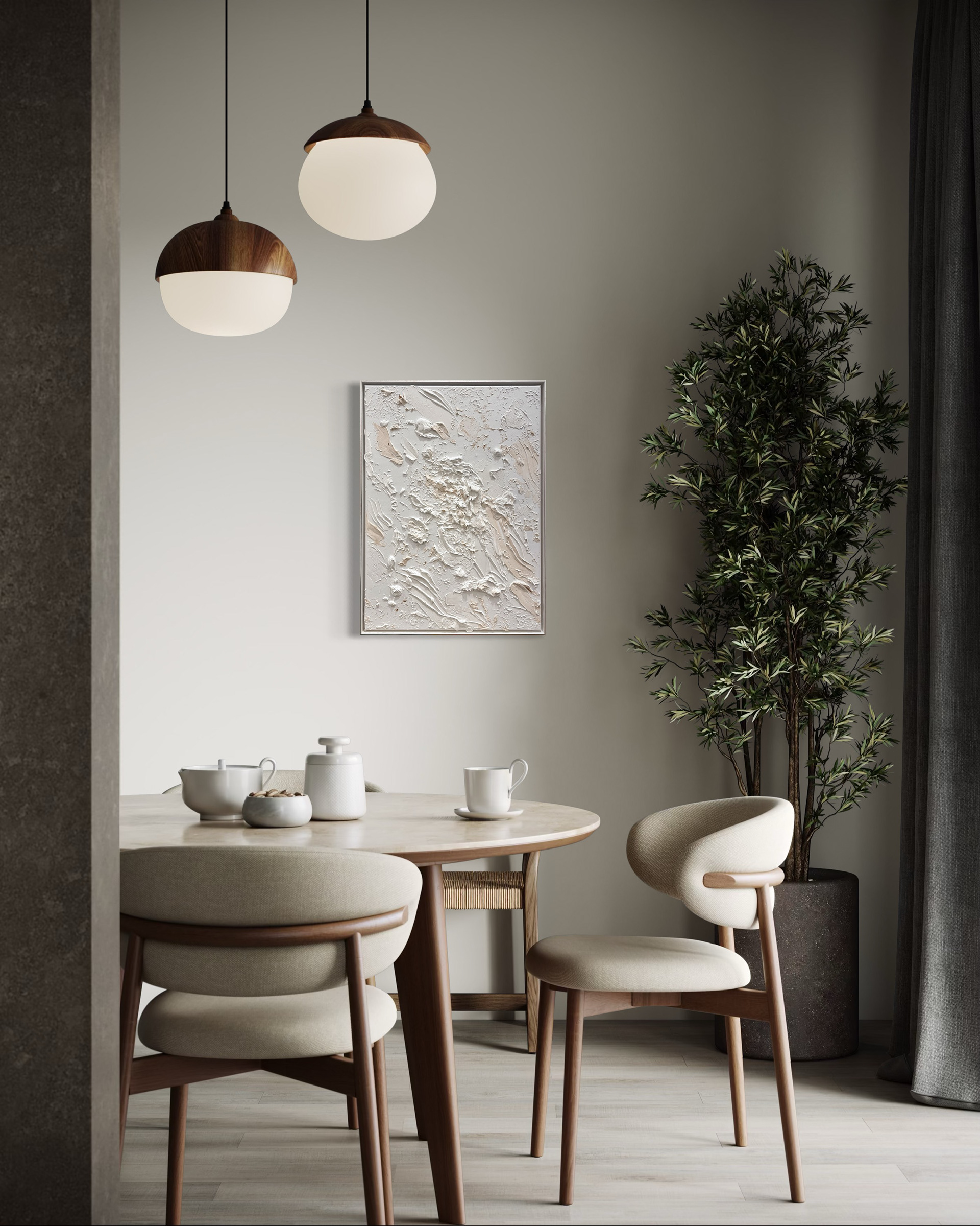 Abstraktes Gemälde „Powerful“ mit creme farbigen Details, tiefen Strukturen und starker Ausstrahlung im Interior, moderne Kunst von Carolin Vogelmann