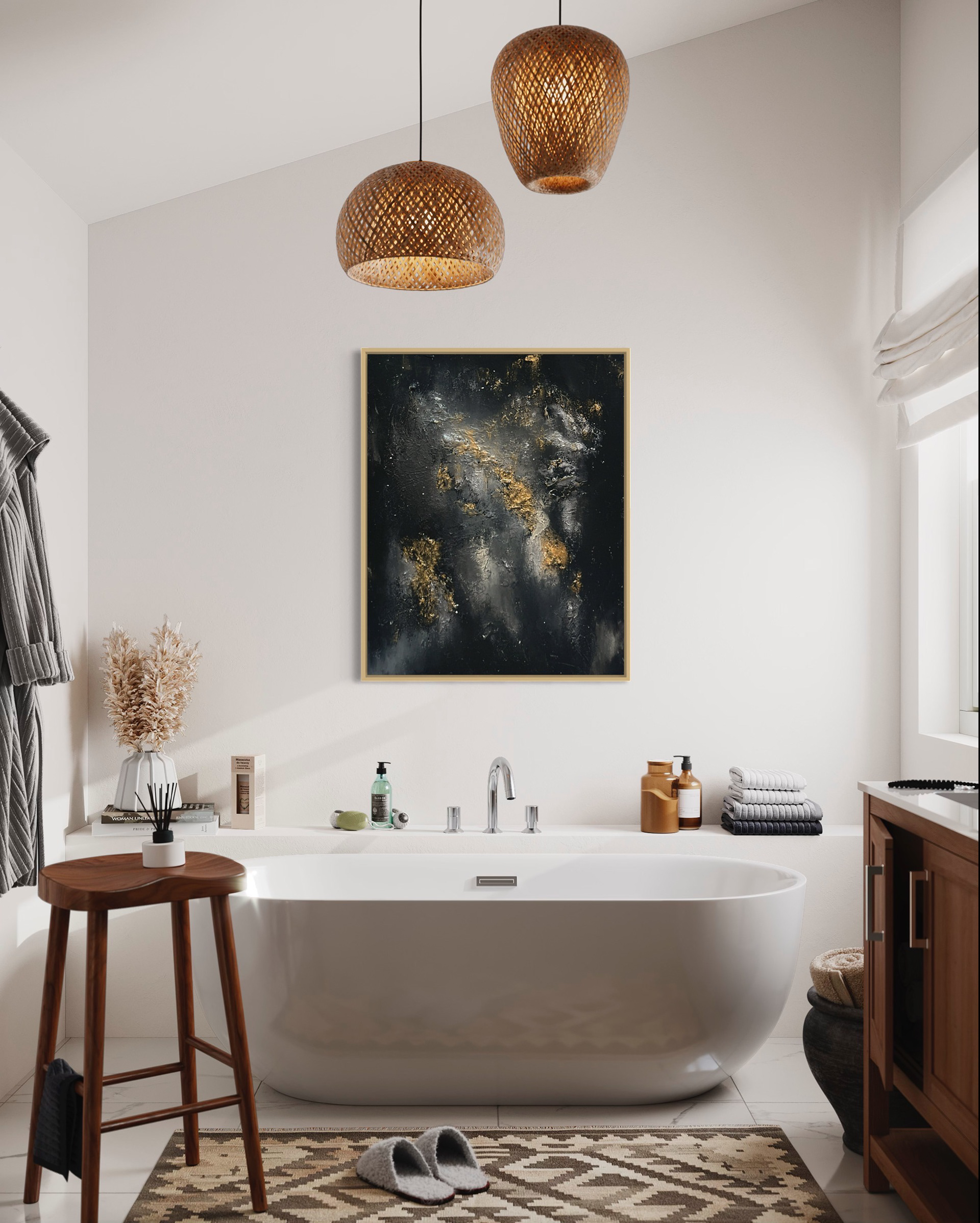 Abstraktes Gemälde „Universe“ in Schwarz und Gold, moderne abstrakte Kunst von Carolin Vogelmann als stilvolles Interior Artwork