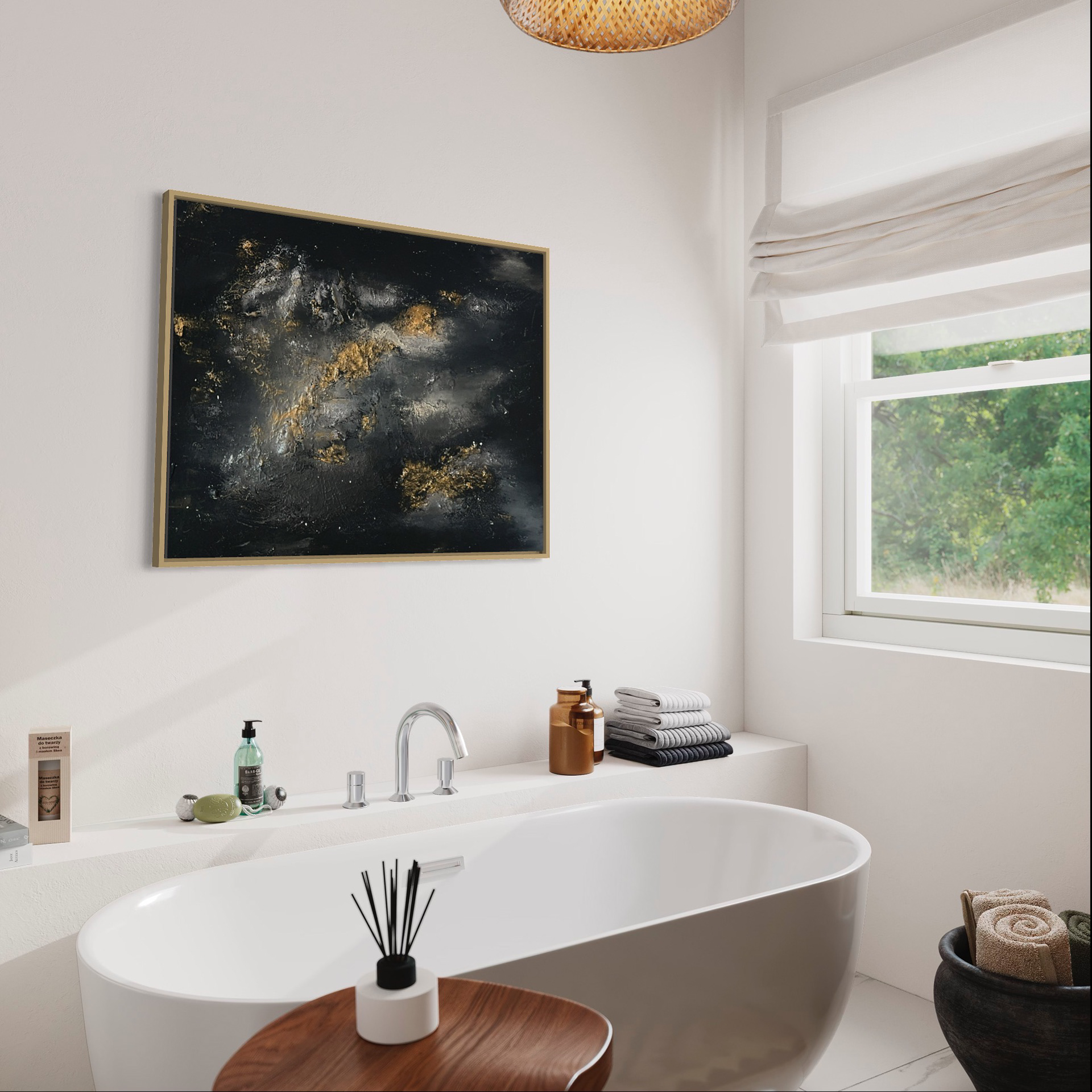 Abstraktes Gemälde „Universe“ in Schwarz und Gold, moderne abstrakte Kunst von Carolin Vogelmann als stilvolles Interior Artwork