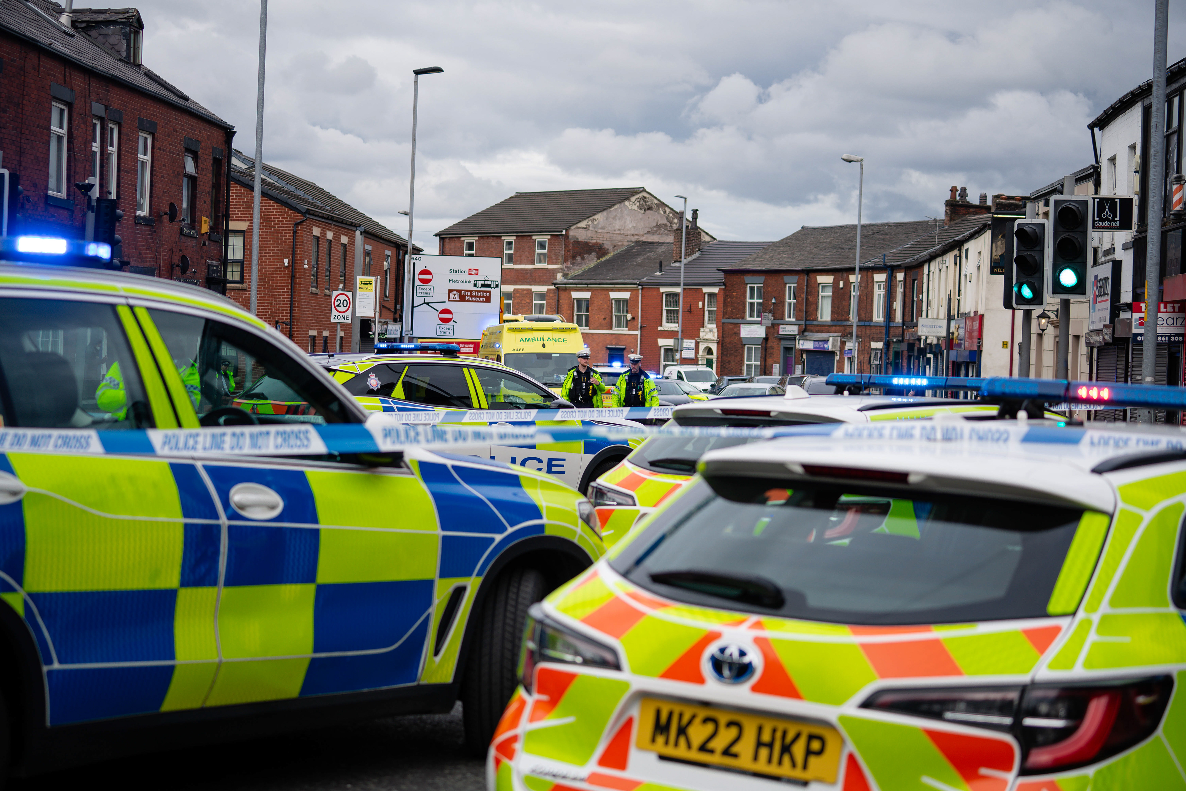 Road Traffic Collision in Rochdale, Police Cars blockade the Street