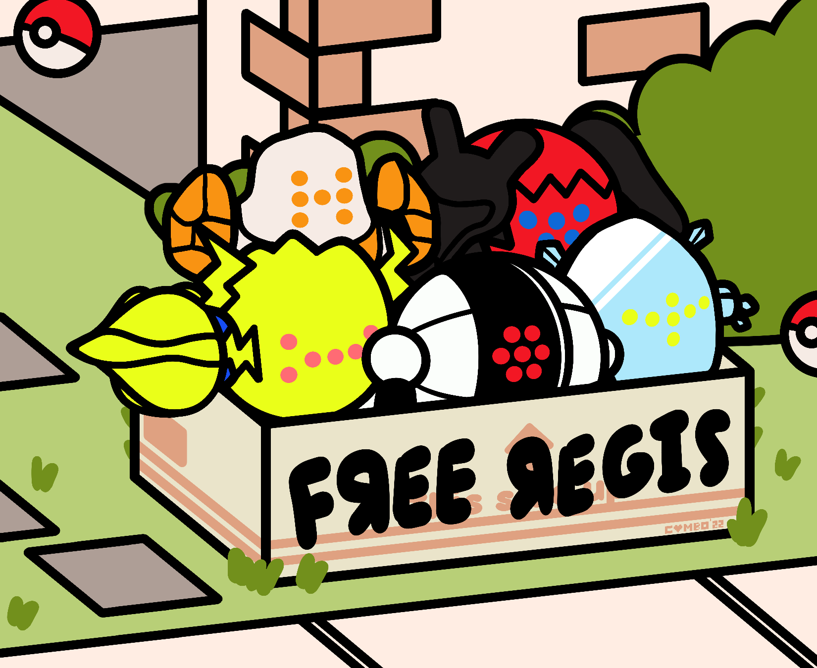 Regi Golems (Pokemon) in Neko Atsume style