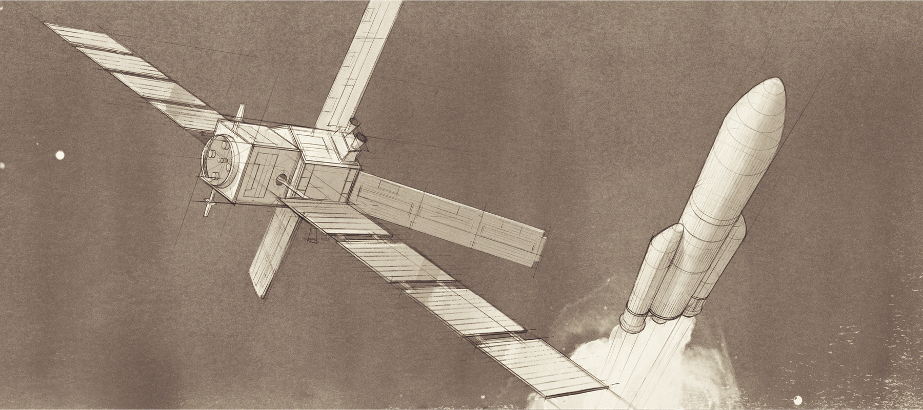 Handzeichnung einer Ariane Rakete und eines Satelliten.