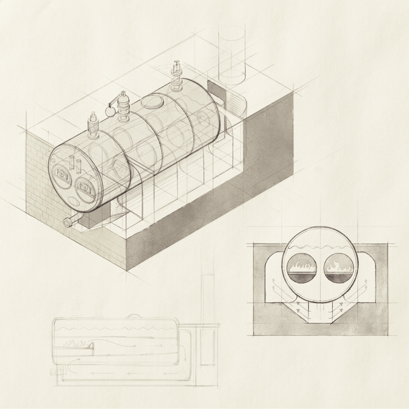 Handzeichnung einer Dampfmaschine.