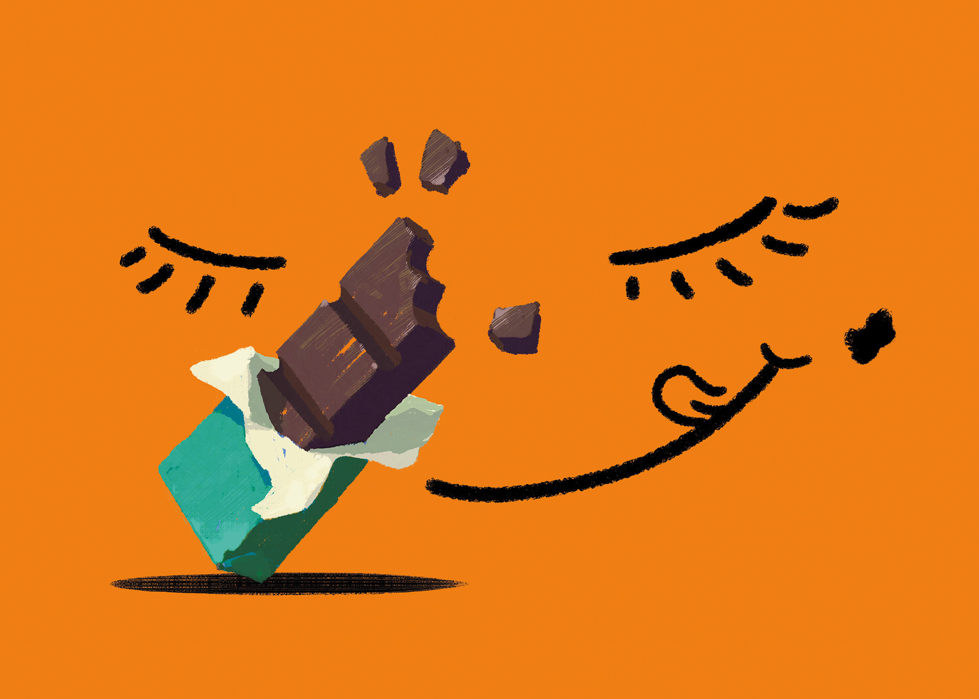 Illustration eines zufriedenen Gesichts, welches ein Stück Schokolade gegessen hat