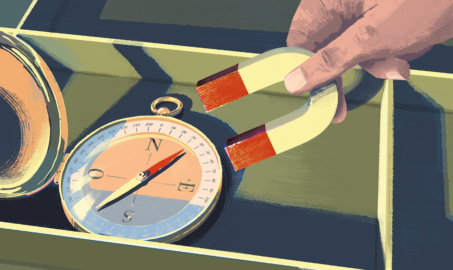 Illustration einer Hand, die einen Hufeisenmagneten über einen Kompass hält. Der Magnet beeinflusst die Nadel des Kompasses, was die Interaktion zwischen Magnetismus und Navigation symbolisiert. 