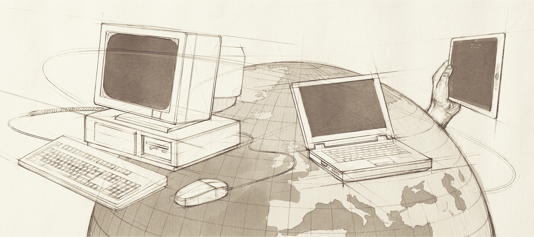 Zeichnungen mit einem Computer aus den Anfangszeiten des Internets, eines älteren Laptops und eines neueren Tablets.