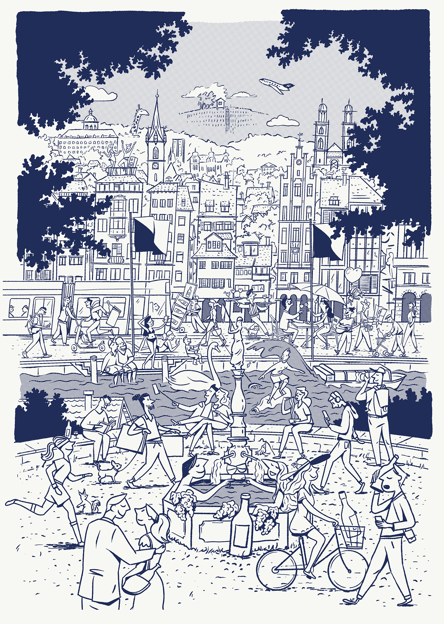 Wimmelbild-Illustration mit einer Ansicht der Stadt Zürich. Ganz viele unterschiedliche Menschen sind zu sehen. Einige sind mit einer Flasche Wein unterwegs.