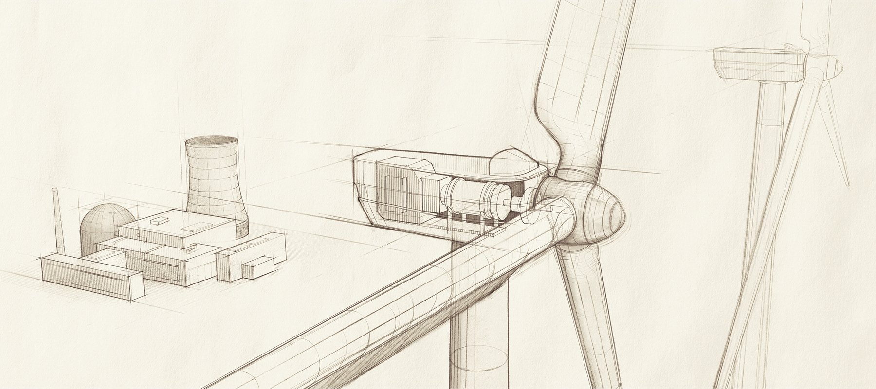 Illustration mit einer Windmühle im Vordergrund und einem Kernkraftwerk im Hintergrund.