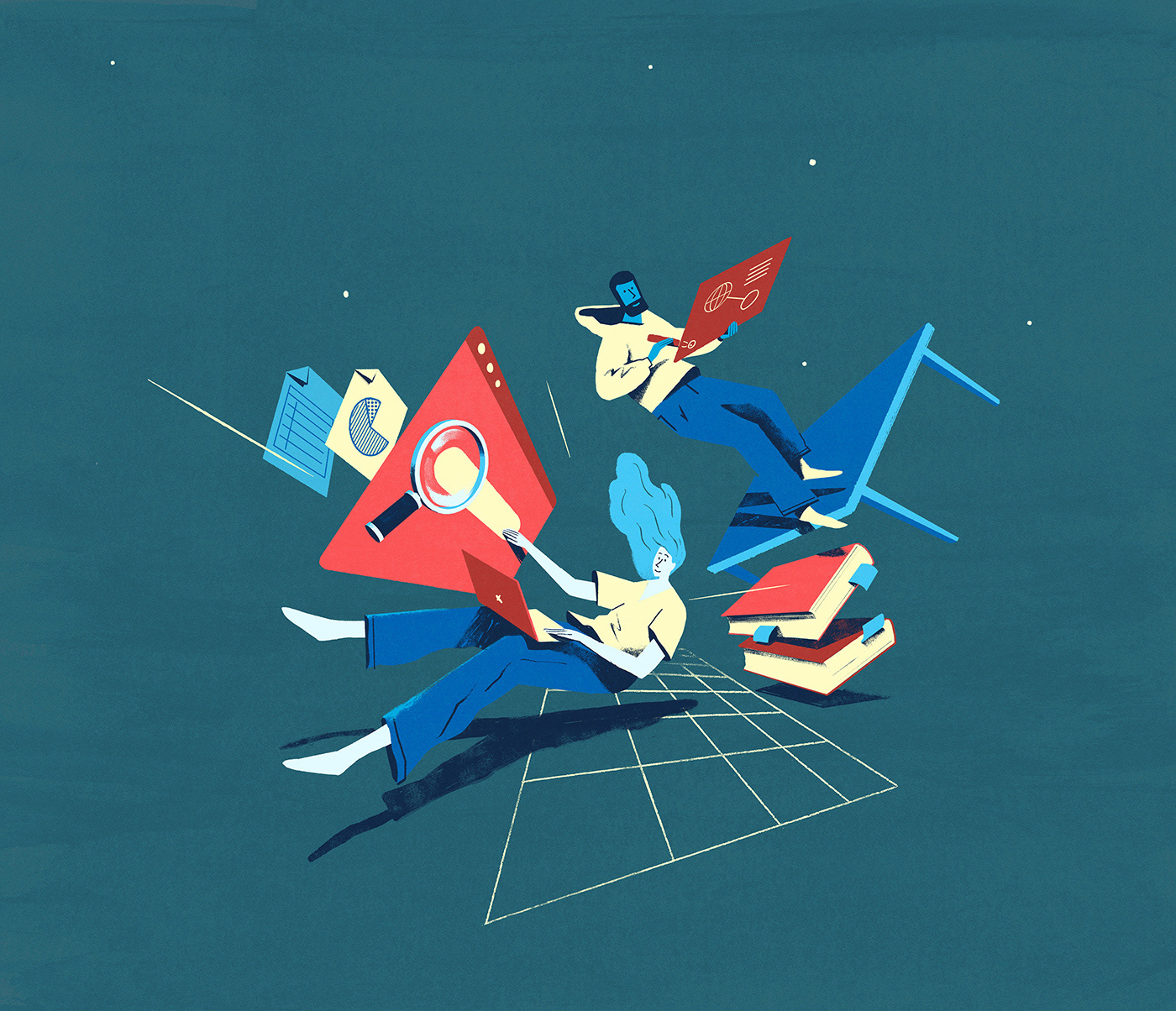 Illustration mit zwei Studenten die im Raum schweben. Sie sind umgeben mit analogen und digitalen Elementen aus der Bibliothek. 