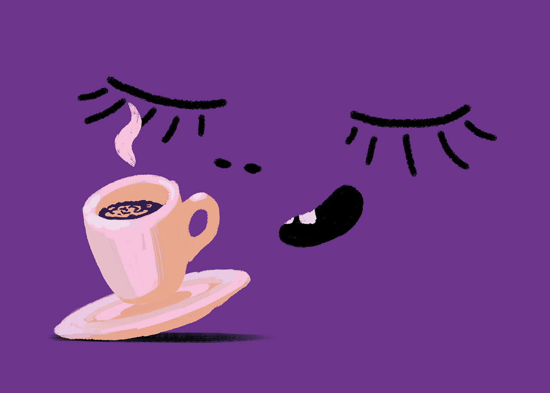 Illustration mit einem Gesicht das genussvoll an einer Tasse Espresso riecht. Das Gesicht wirkt noch bisschen müde. Die Illustration ist sehr einfach gehalten.