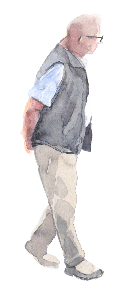 Aquarell Illustration eines älteren Mannes mit einer beigen Veste